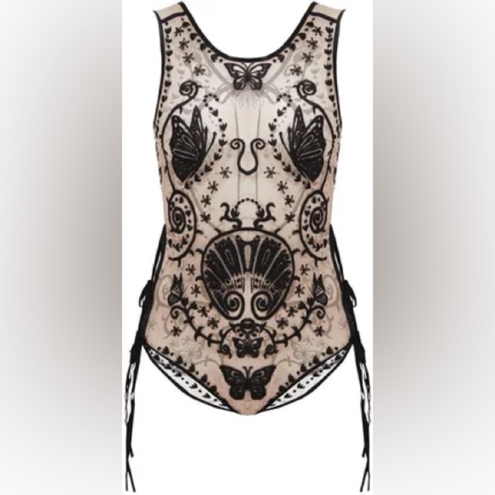 Love & Lemons Mesh Embroidery Illusion Bodysuit Sleeveless Butterfly XS - Picture 12 of 12